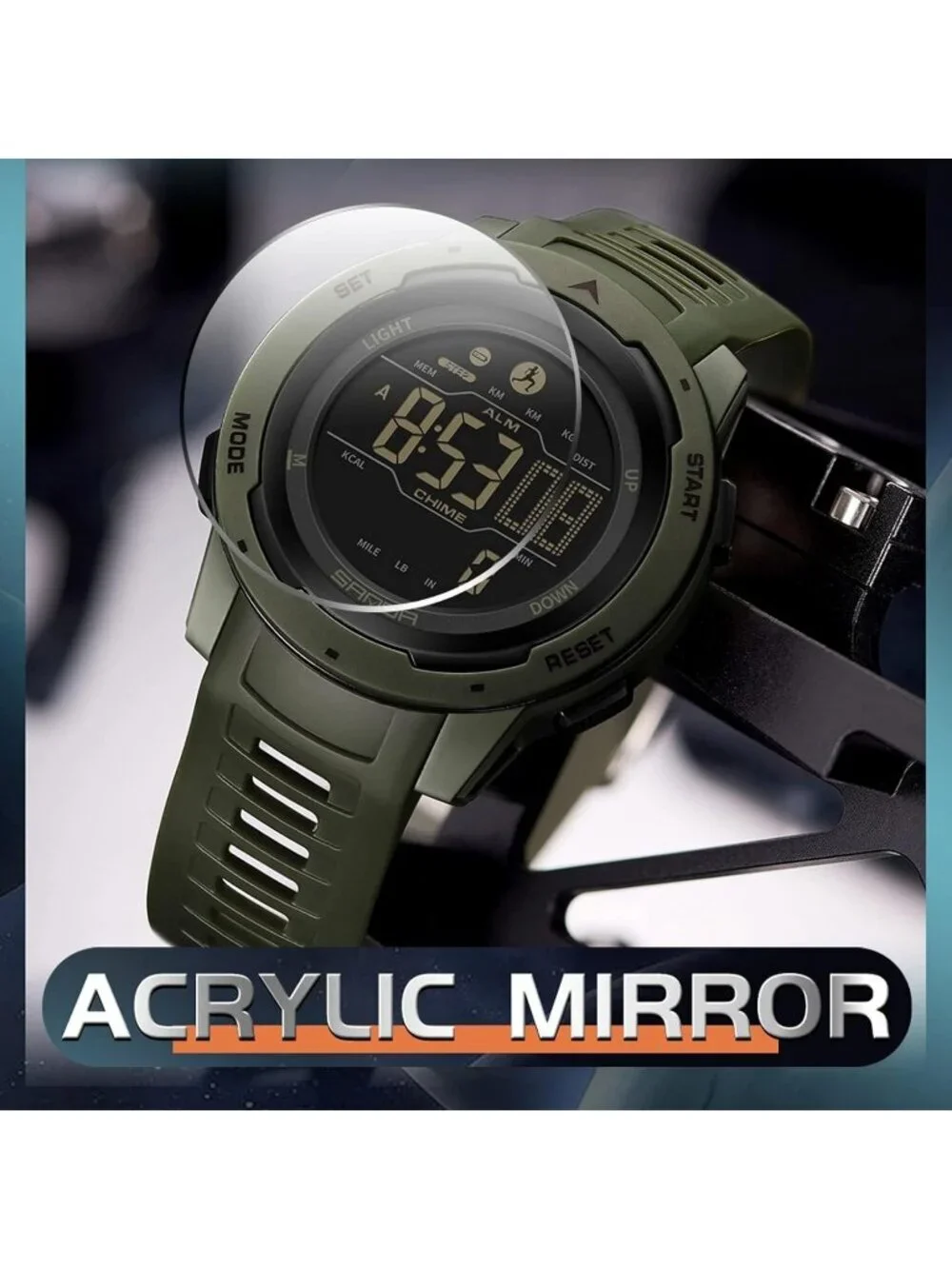 Men's Green Analog Quartz Sport Waterproof Pedometer Alarm LED Digital Watch